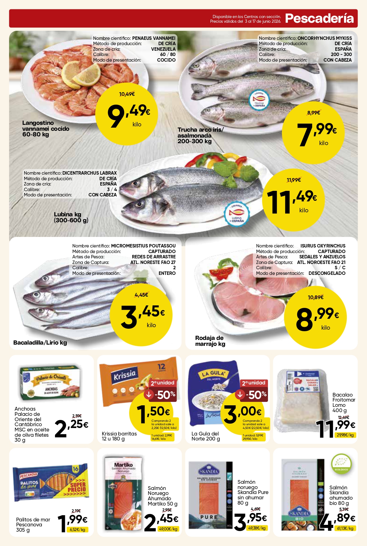 Ofertas de pescadería junio 2026 en Mercamás Casal con lubina, langostinos y marrajo