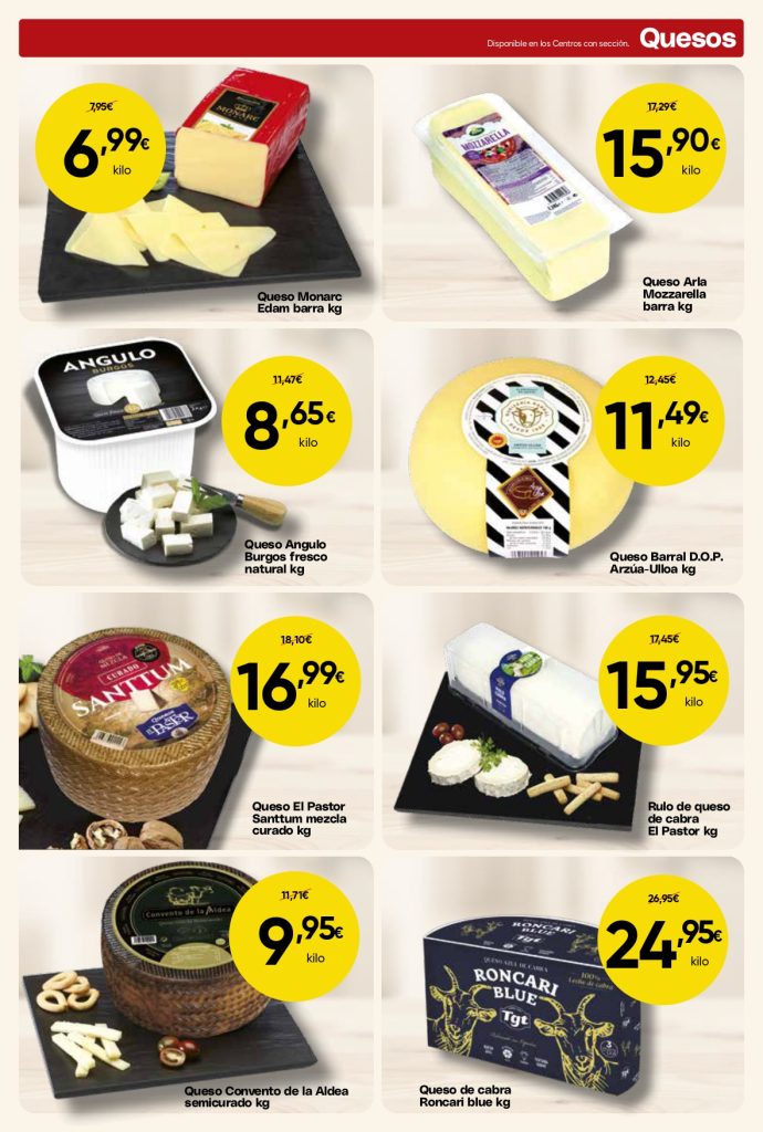 Ofertas de quesos en Mercamas Casal con queso Edam, mozzarella, queso fresco Burgos, Arzúa-Ulloa D.O.P., queso curado, rulo de cabra, queso semicurado y queso azul de cabra. Promociones válidas del 19 de junio al 7 de julio de 2026.