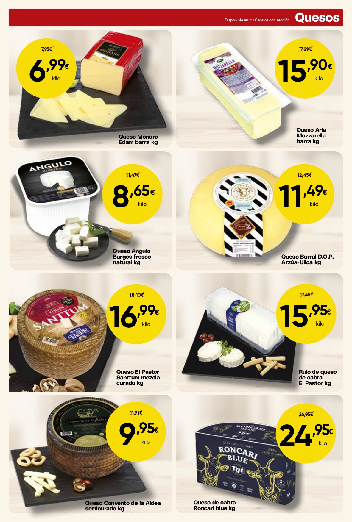 Ofertas de quesos en Mercamas Casal con queso Edam, mozzarella, queso fresco Burgos, Arzúa-Ulloa D.O.P., queso curado, rulo de cabra, queso semicurado y queso azul de cabra. Promociones válidas del 19 de junio al 7 de julio de 2026.