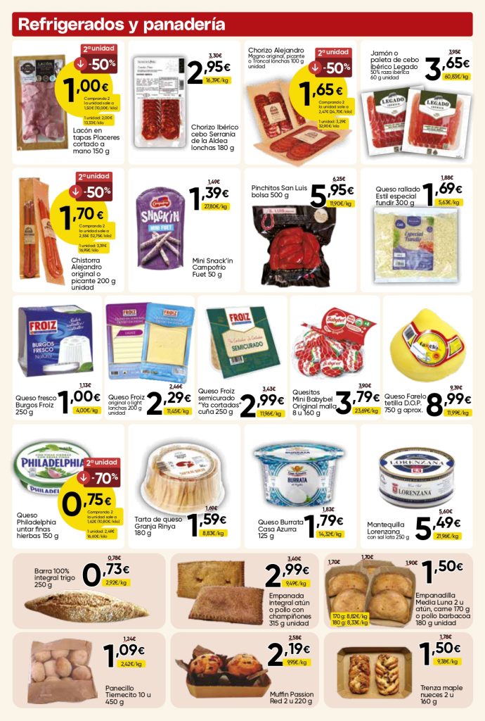 Ofertas de refrigerados y panadería en Mercamas Casal con embutidos loncheados, queso rallado, queso fresco, Babybel, Tetilla D.O.P., Philadelphia, burrata, mantequilla, barra integral, empanadas, empanadillas, panecillos, muffins y trenzas. Promociones válidas del 19 de junio al 7 de julio de 2026.