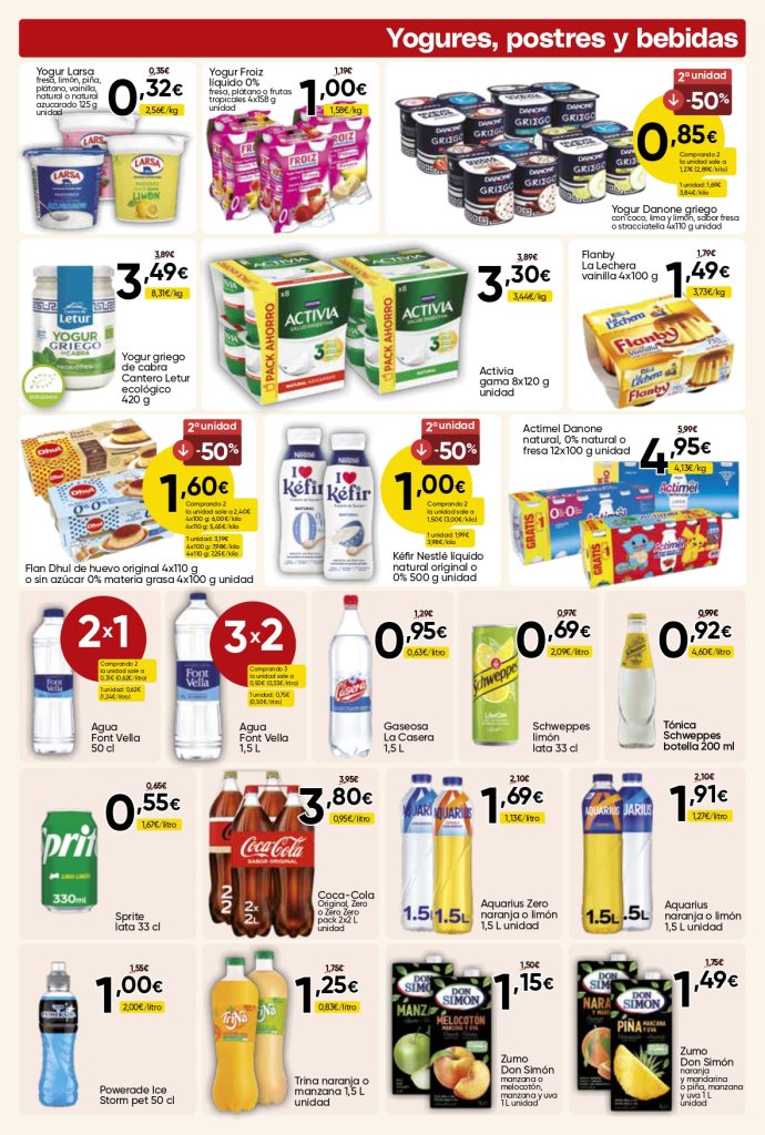 Ofertas de yogures, postres y bebidas en Mercamas Casal con yogures Froiz, Danone, Activia, Actimel, kéfir, flanes, agua, refrescos, Aquarius, Coca-Cola, Sprite, Trina, Powerade y zumos Don Simón. Promociones válidas del 19 de junio al 7 de julio de 2026.