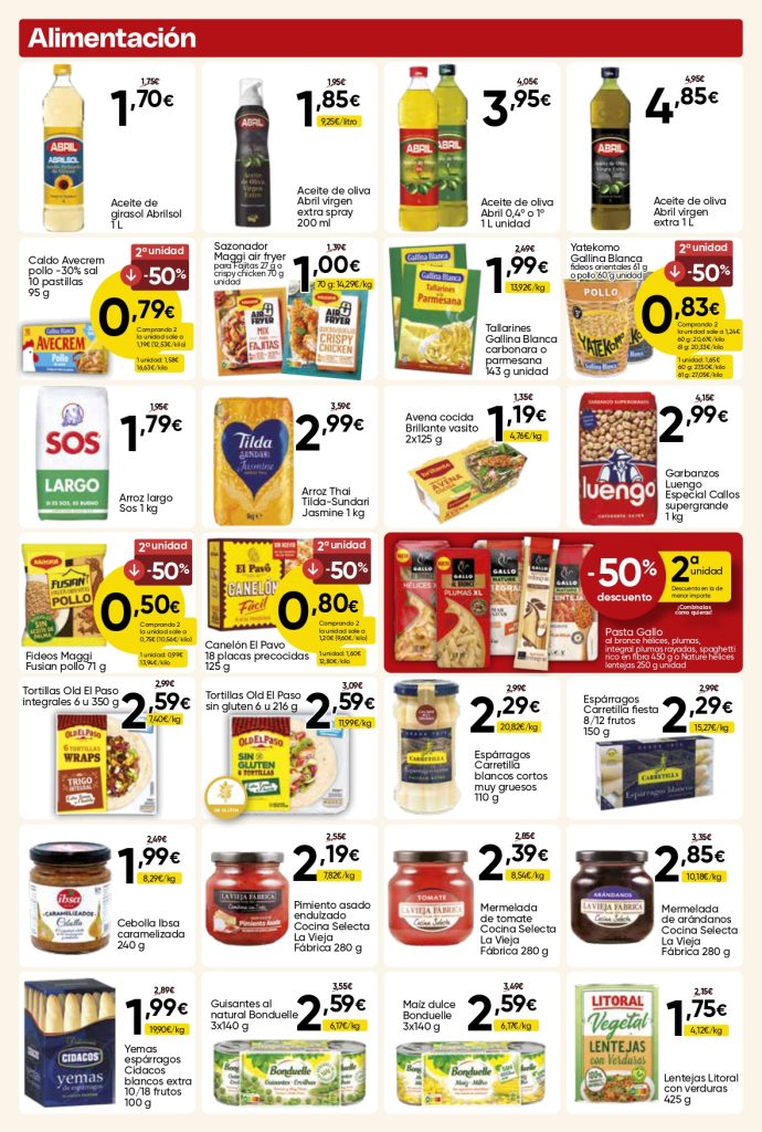 Ofertas de alimentación en Mercamas Casal con aceites, arroz, pasta, fideos, tortillas, espárragos, garbanzos, lentejas, maíz, guisantes, mermeladas, pimiento asado y otros productos de despensa. Promociones válidas del 19 de junio al 7 de julio de 2026.