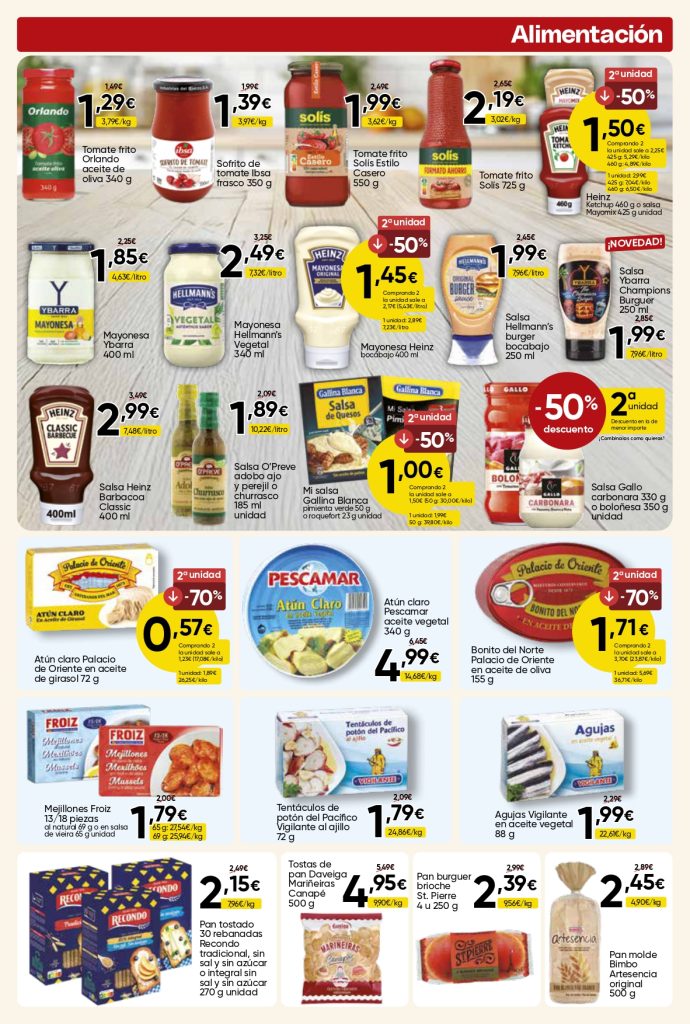 Ofertas de alimentación en Mercamas Casal con tomate frito, mayonesa, ketchup, salsas, atún, bonito del norte, mejillones, agujas, tentáculos de pulpo, pan tostado, pan de molde y pan para hamburguesa. Promociones válidas del 19 de junio al 7 de julio de 2026.