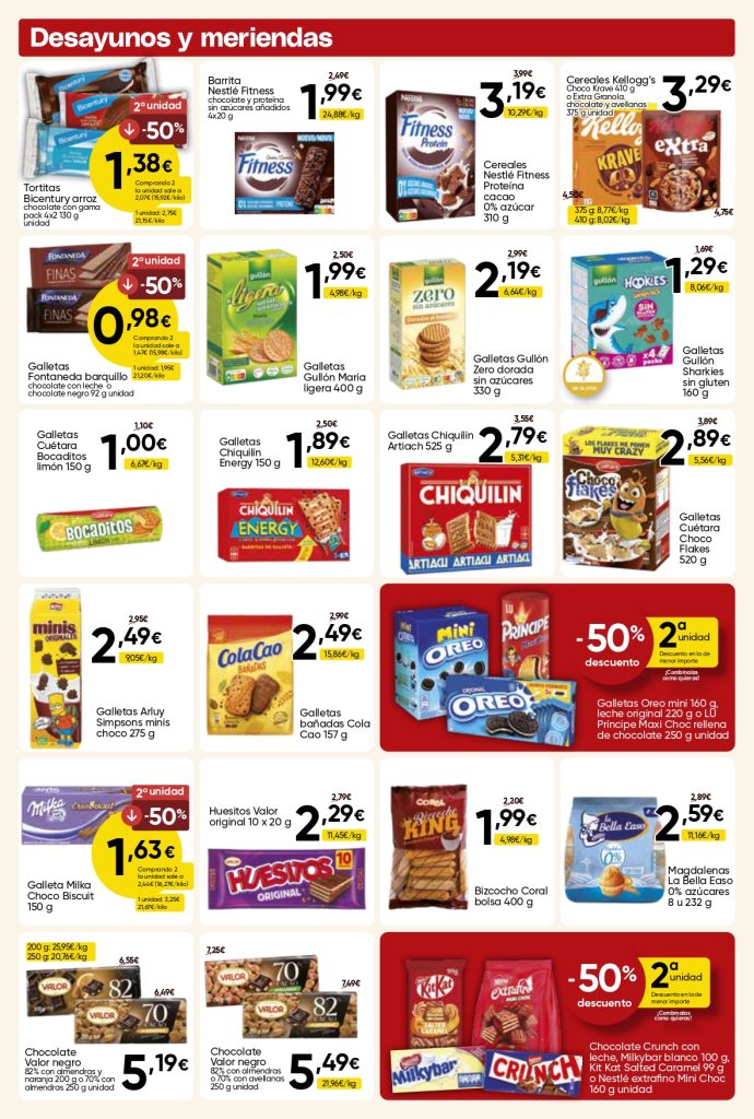 Ofertas para desayunos y meriendas en Mercamas Casal con cereales, galletas, barritas, tortitas, bizcochos, magdalenas, chocolates, KitKat, Milka, Oreo, ColaCao y otros productos para el desayuno. Promociones válidas del 19 de junio al 7 de julio de 2026.