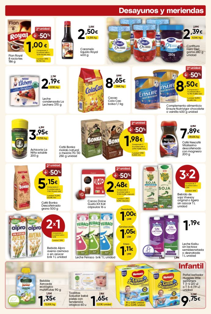 Ofertas de desayunos, meriendas e infantil en Mercamas Casal con ColaCao, cafés Bonka y Nescafé, leche condensada, bebidas vegetales, leche, mermeladas, Ensure, alimentación infantil, toallitas y pañales. Promociones válidas del 19 de junio al 7 de julio de 2026.