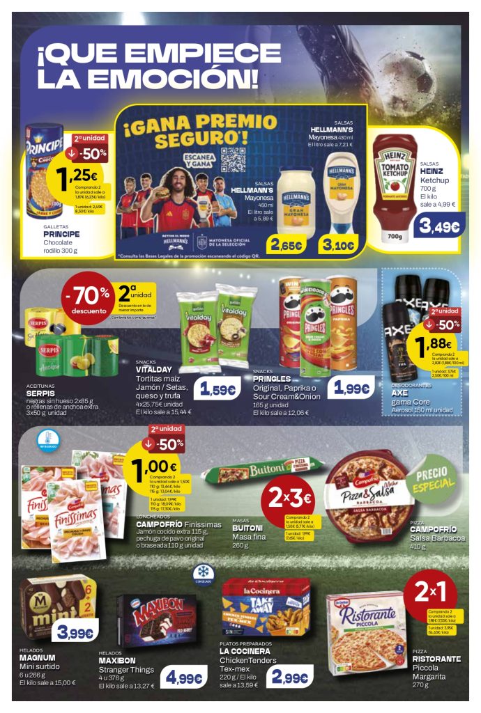Promoción especial de fútbol en Mercamas Casal con snacks, salsas, pizzas, embutidos, helados, platos preparados y aperitivos de marcas como Hellmann's, Heinz, Pringles, Campofrío, Buitoni, Magnum y Ristorante. Ofertas válidas del 19 de junio al 7 de julio de 2026.