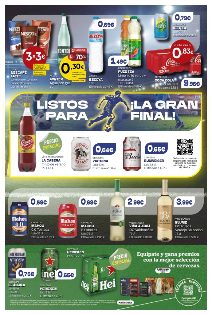 Ofertas de bebidas en Mercamas Casal con refrescos, aguas, cafés listos para tomar, cerveza, vino y promociones especiales para disfrutar de la final de fútbol. Incluye Coca-Cola, Fuze Tea, Nestea, Mahou, Heineken, Victoria, Budweiser y vinos. Promociones válidas del 19 de junio al 7 de julio de 2026.