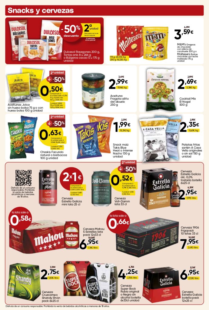 Ofertas de snacks, aperitivos y cervezas en Mercamas Casal con patatas fritas, aceitunas, frutos secos, Takis, M&M's, Maltesers y cervezas Estrella Galicia, Mahou, Voll-Damm, 1906, Cruzcampo y Super Bock. Promociones válidas del 19 de junio al 7 de julio de 2026.