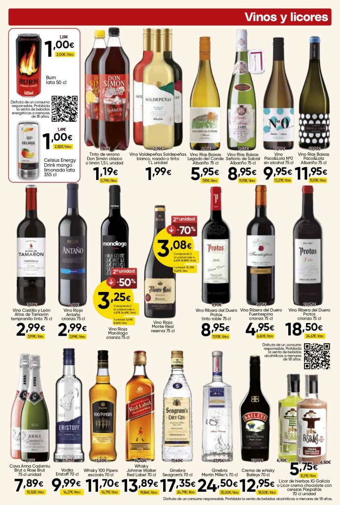 Ofertas de vinos y licores en Mercamas Casal con albariños, vinos Rioja, Ribera del Duero, Valdepeñas, cava, whisky, ginebra, vodka, Baileys y licores gallegos. Promociones válidas del 19 de junio al 7 de julio de 2026.