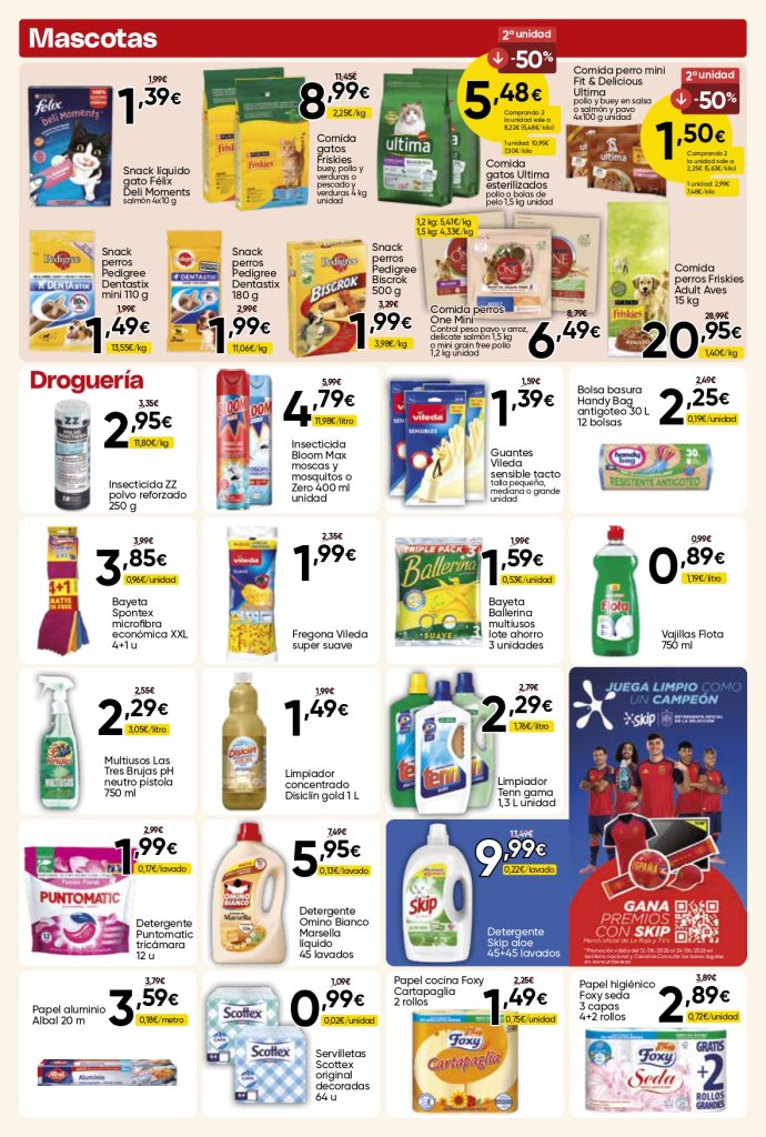 Ofertas de mascotas, droguería y limpieza del hogar en Mercamas Casal con alimentos para perros y gatos, detergentes, papel higiénico, papel de cocina, productos de limpieza, insecticidas y utensilios para el hogar. Promociones válidas del 19 de junio al 7 de julio de 2026.
