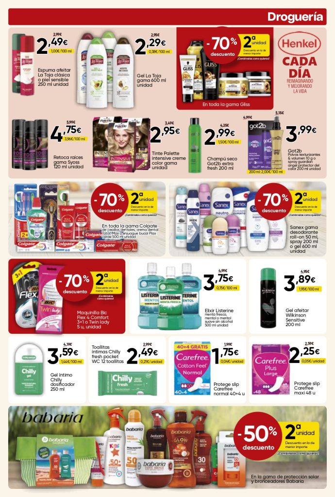 Ofertas de droguería e higiene personal en Mercamas Casal con productos de cuidado capilar, higiene bucal, afeitado, desodorantes, cuidado íntimo, protección solar y cosmética de marcas como Gliss, Syoss, Sanex, Colgate, Listerine, Babaria, Carefree y Chilly. Promociones válidas del 19 de junio al 7 de julio de 2026.