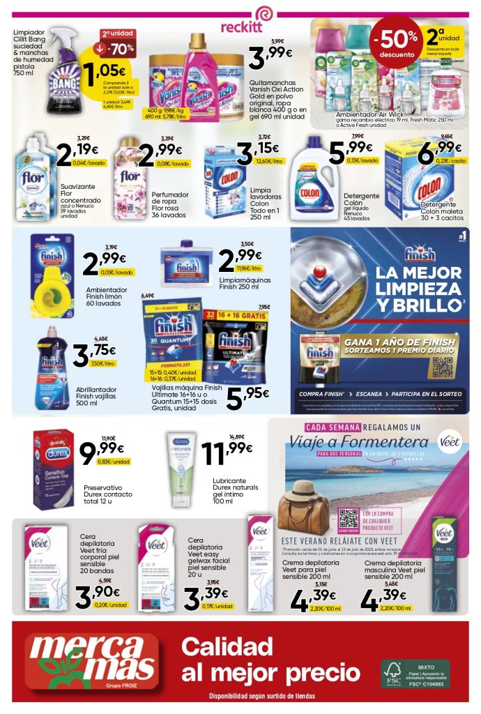 Ofertas de droguería y cuidado personal en Mercamas Casal con productos de limpieza para el hogar, detergentes, suavizantes, lavavajillas Finish, quitamanchas Vanish, ambientadores Air Wick, preservativos Durex y productos depilatorios Veet. Promociones válidas del 19 de junio al 7 de julio de 2026.