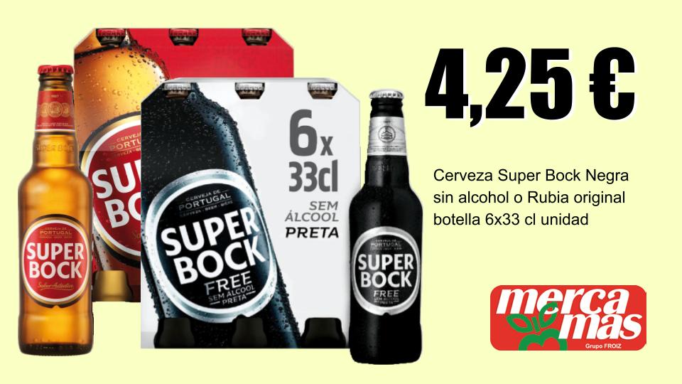 Cerveza Super Bock rubia o negra sin alcohol botella pack 6x33 cl en oferta en Mercamas Casal.