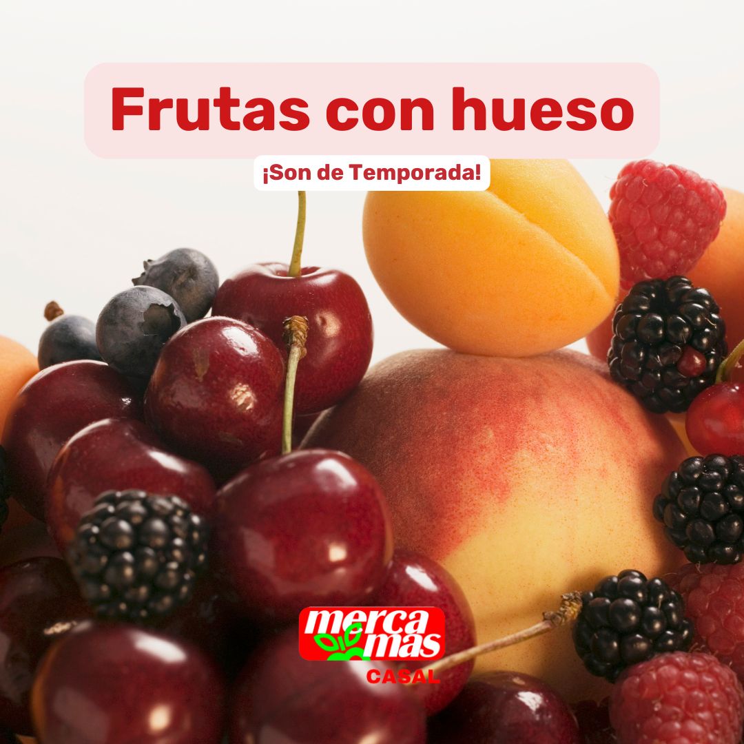 Frutas con hueso de temporada en Mercamás Casal con cerezas, melocotón y frutos rojos