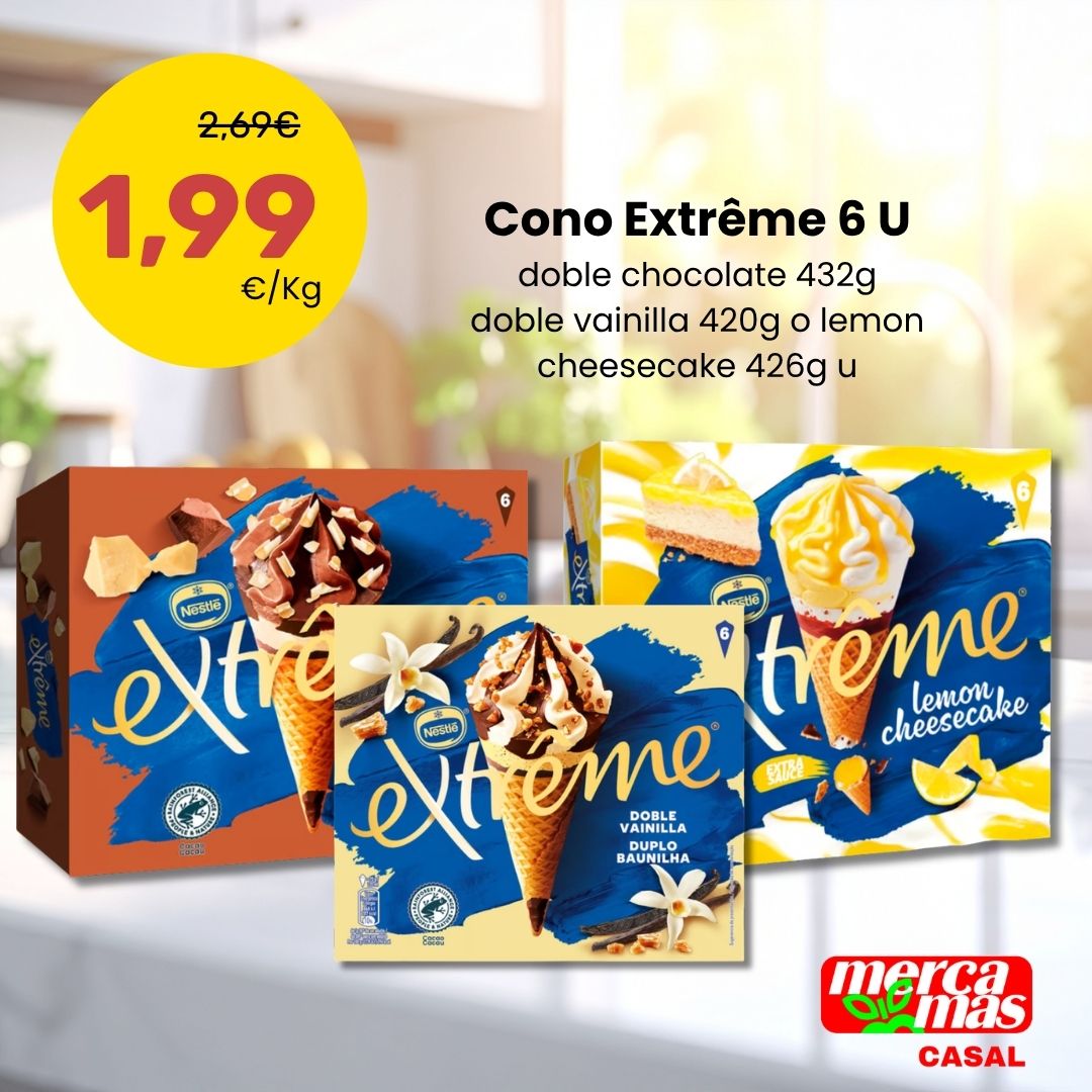 Oferta de helados Extreme Nestlé en Mercamás Casal con sabores doble chocolate, vainilla y lemon cheesecake