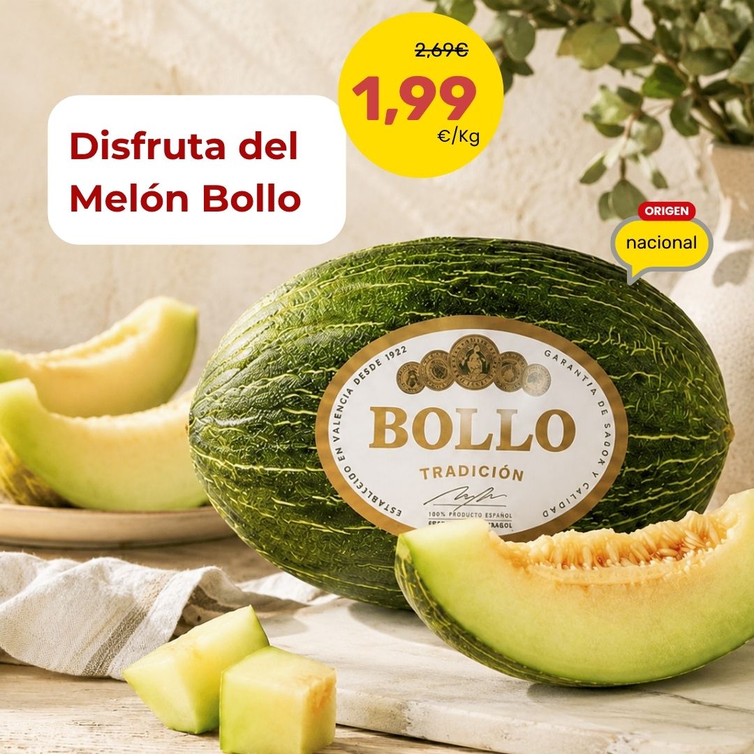 Melón Bollo disponible entero o cortado en Mercamás Casal, melón dulce y fresco ideal para consumir al momento o llevar por piezas.