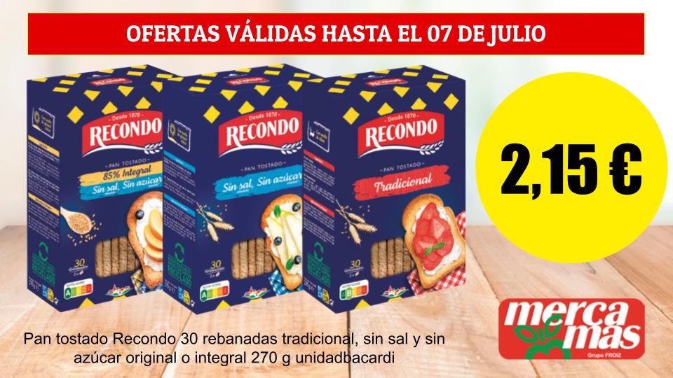 Pan tostado Recondo tradicional, integral o sin sal de 270 g en oferta en Mercamas Casal.