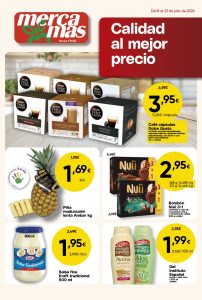 Portada del folleto de ofertas de Mercamás Casal con promociones en café Dolce Gusto, piña, bombones Nuii, salsa Kraft y gel Instituto Español, válido del 8 al 23 de julio de 2026.