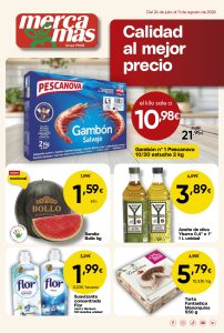 Folleto de ofertas Mercamás Casal del 24 de julio al 11 de agosto de 2026 con promociones en gambón Pescanova, sandía Bollo, aceite Ybarra, suavizante Flor y tarta Fantástica Menorquina.