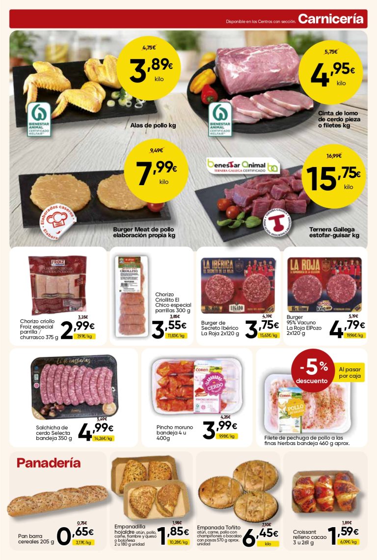 Ofertas de carnicería y panadería de Mercamás Casal con alas de pollo, cinta de lomo, hamburguesas, ternera, embutidos, pan y empanadas, válidas del 8 al 23 de julio de 2026.