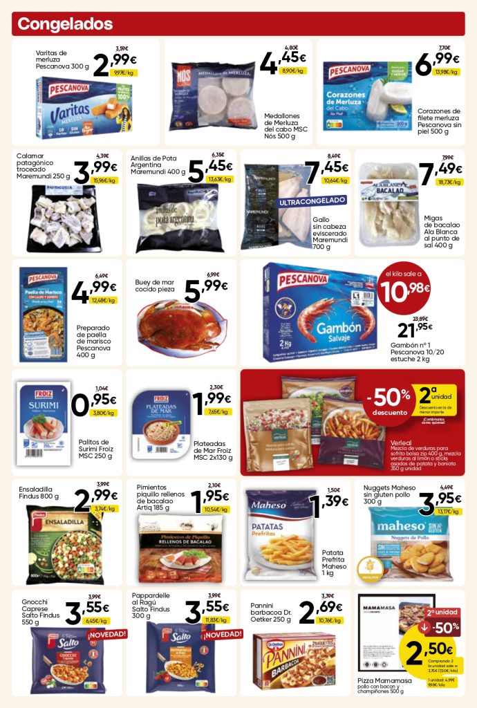 Ofertas de congelados en Mercamás Casal con gambón Pescanova, merluza, bacalao, anillas de pota, paella, nuggets, verduras congeladas y pizzas.