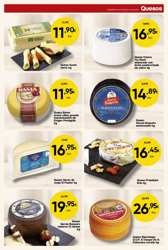 Ofertas de quesos en Mercamás Casal con queso Eume, queso de cabra, Arzúa-Ulloa, García Baquero, queso de oveja, Brie y queso manchego.