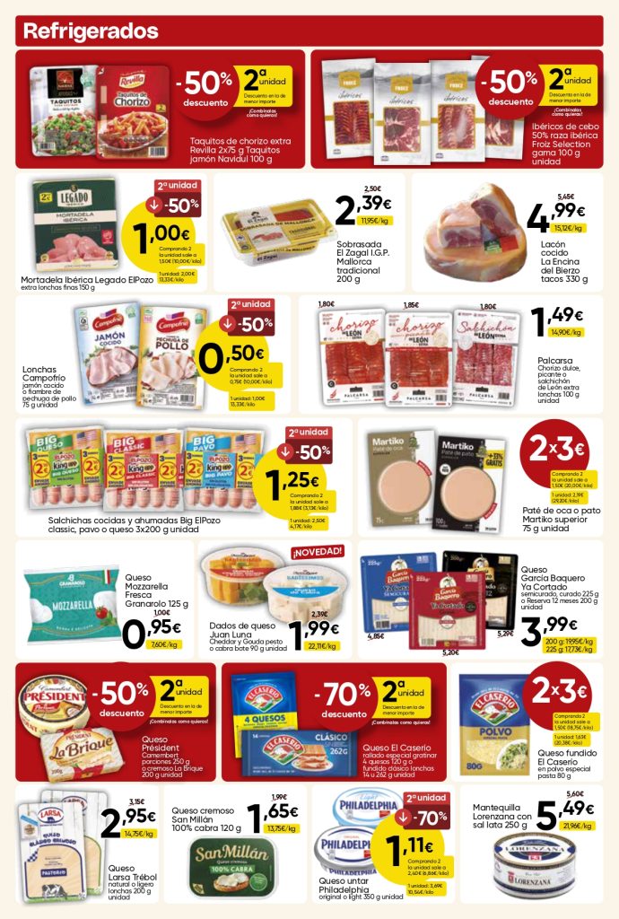 Ofertas de refrigerados en Mercamás Casal con embutidos, quesos, patés, mozzarella, Philadelphia, mantequilla, fiambres y productos refrigerados.