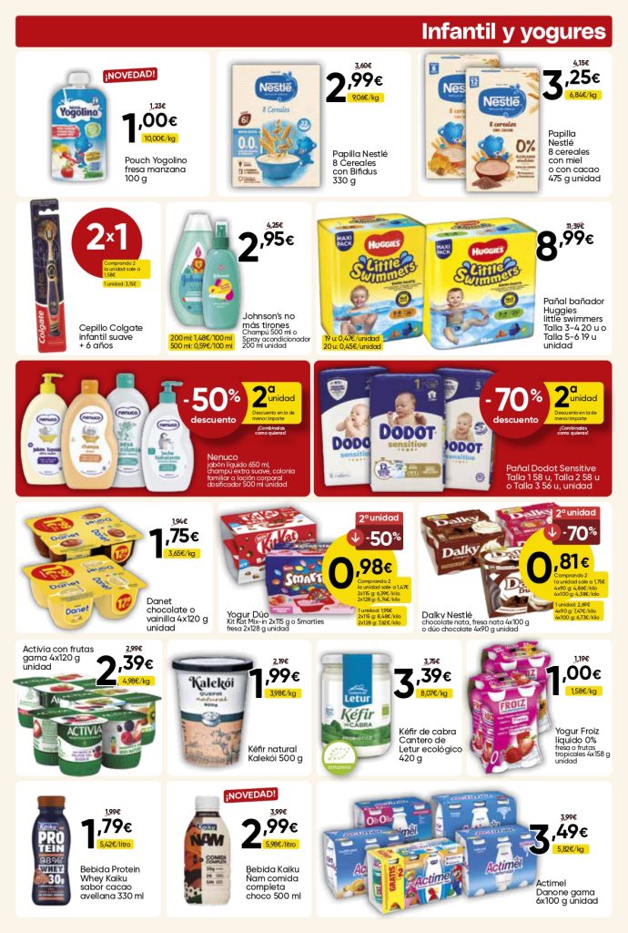 Ofertas infantiles y yogures en Mercamás Casal con papillas Nestlé, pañales, yogures, kéfir, Actimel, Danet, Dodot y productos para bebé.