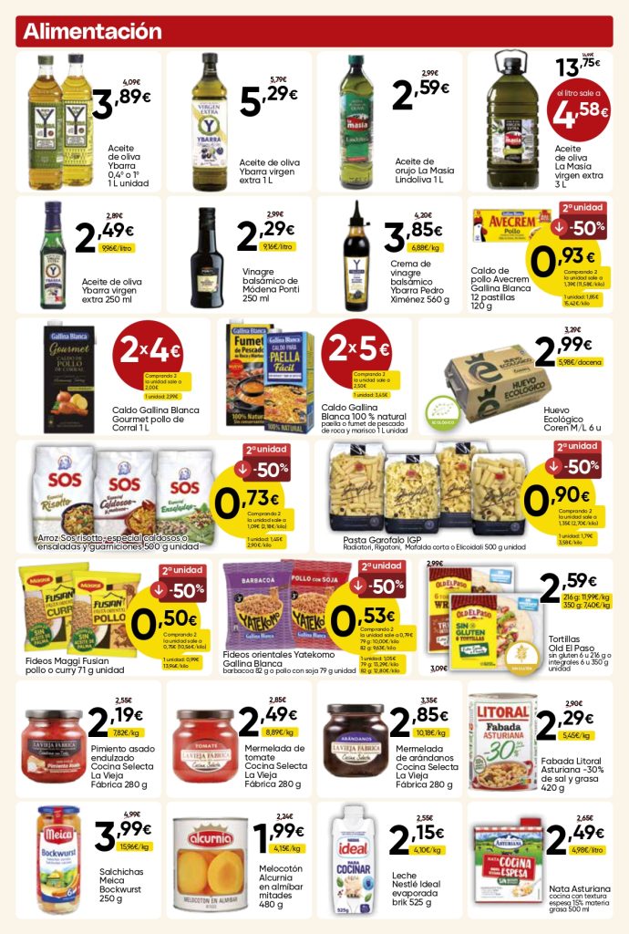 Ofertas de alimentación en Mercamás Casal con aceite Ybarra, huevos, pasta Garofalo, arroz SOS, tortillas, caldos, conservas y productos de despensa.