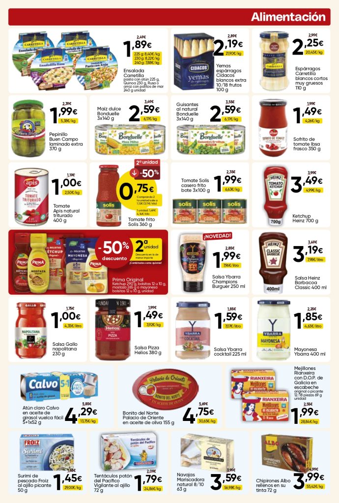 Ofertas de alimentación en Mercamás Casal con conservas, salsas, mayonesa, ketchup, tomate frito, atún, mejillones, bonito y encurtidos.