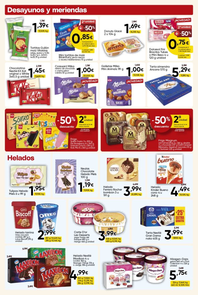 Ofertas de desayunos y meriendas en Mercamás Casal con pan, bollería, cereales, galletas, helados, KitKat, Magnum y postres.