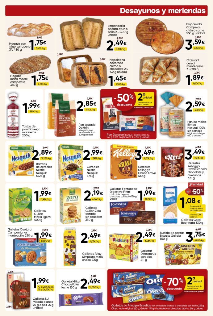 Ofertas de desayunos y meriendas en Mercamás Casal con pan de molde, galletas, cereales, tostadas, empanadas y productos para el desayuno.
