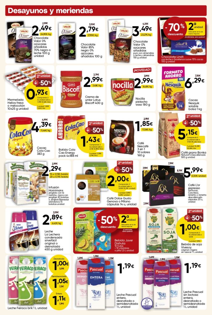 Ofertas de desayunos y meriendas en Mercamás Casal con café, cacao, Nesquik, Cola Cao, Nocilla, Biscoff, infusiones y bebidas vegetales.