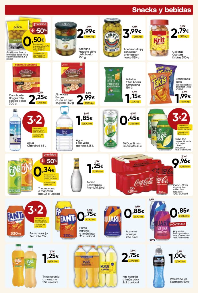 Ofertas de snacks y bebidas en Mercamás Casal con refrescos, agua, aceitunas, frutos secos, patatas fritas, Coca-Cola, Fanta, Aquarius y Powerade.