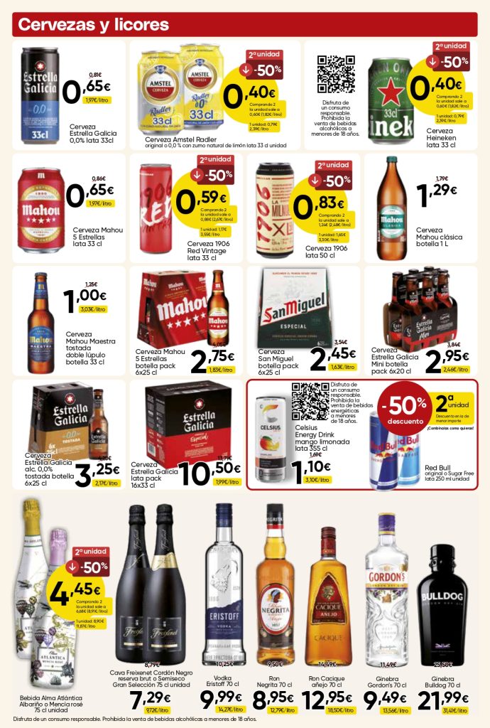 Ofertas de cervezas y licores en Mercamás Casal con Estrella Galicia, Mahou, San Miguel, Heineken, cava, whisky, ron, ginebra y vodka.