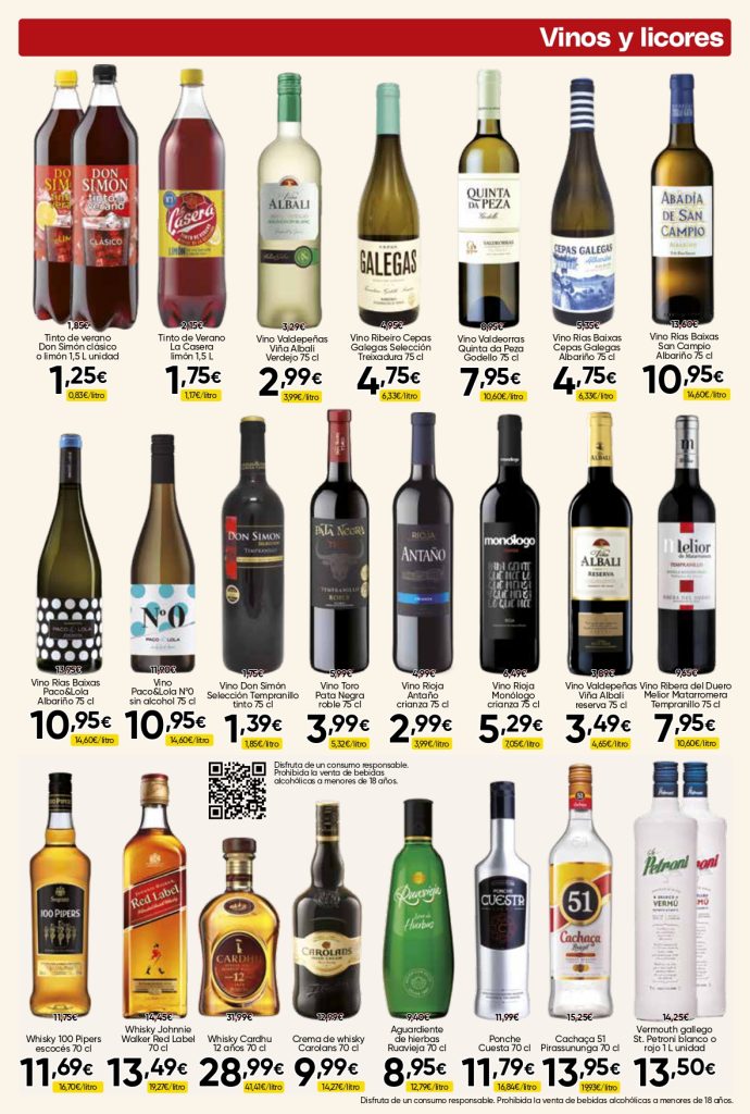Ofertas de vinos y licores en Mercamás Casal con vinos albariño, Ribeiro, Rioja, whisky, ron, crema de whisky, aguardiente y vermut.
