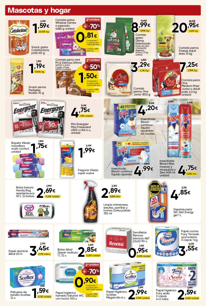 Ofertas de mascotas y hogar en Mercamás Casal con comida para perros y gatos, insecticidas, bolsas de basura, papel higiénico, pilas y productos de limpieza.