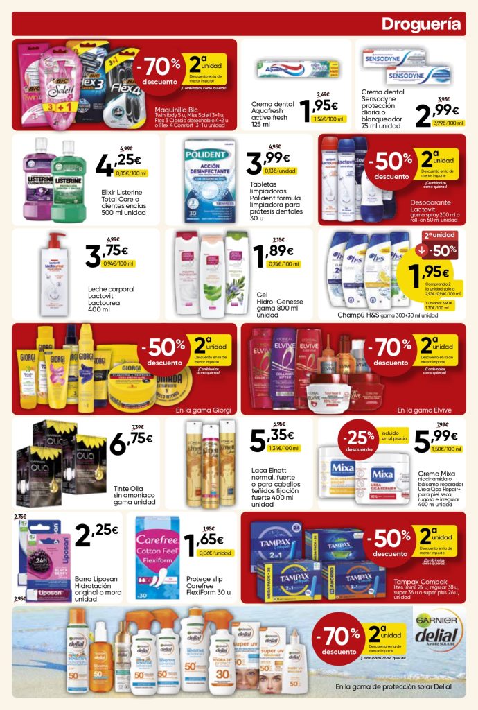 Ofertas de droguería en Mercamás Casal con champú, gel, desodorantes, cremas solares, detergentes, productos de higiene y cuidado personal.