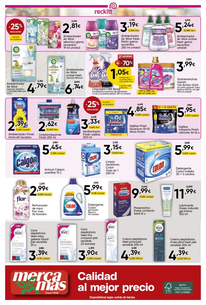 Ofertas Reckitt en Mercamás Casal con Air Wick, Finish, Vanish, Calgon, Cillit Bang, Colon, Flor, Durex y productos de limpieza e higiene.