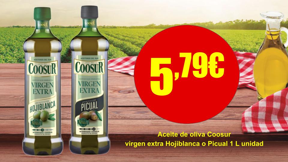 Aceite de oliva virgen extra Coosur Hojiblanca o Picual de 1 litro.
