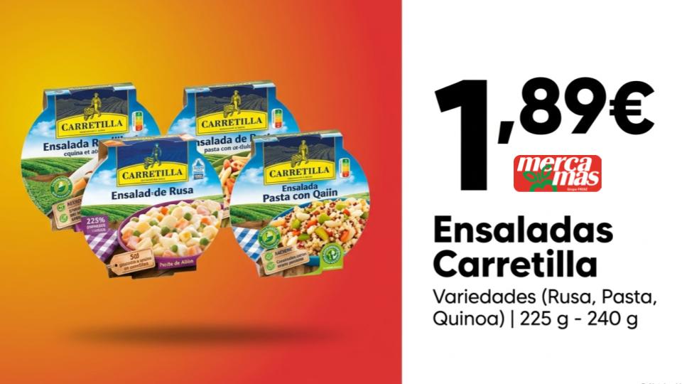 Ensaladas Carretilla variedades rusa, pasta o quinoa de 225 a 240 g en oferta en Mercamás Casal por 1,89 € la unidad.