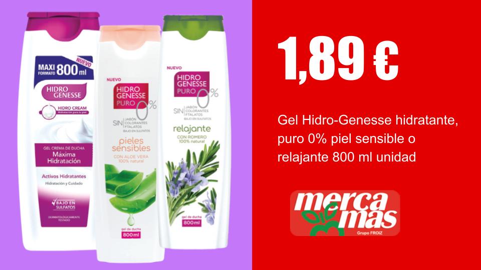 Gel Hidro-Genesse hidratante, piel sensible o relajante 800 ml en oferta en Mercamas Casal
