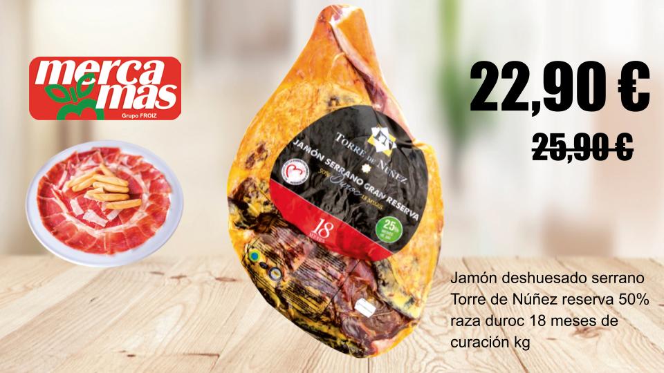 Jamón serrano deshuesado Torre de Núñez Reserva 50 % raza Duroc, 18 meses de curación.