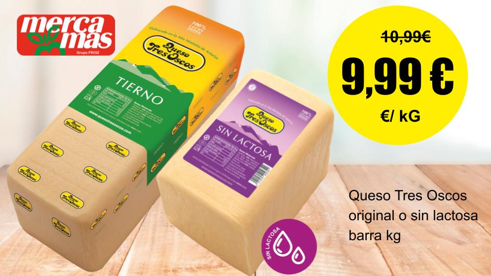 Queso Tres Oscos original o sin lactosa en barra al corte.