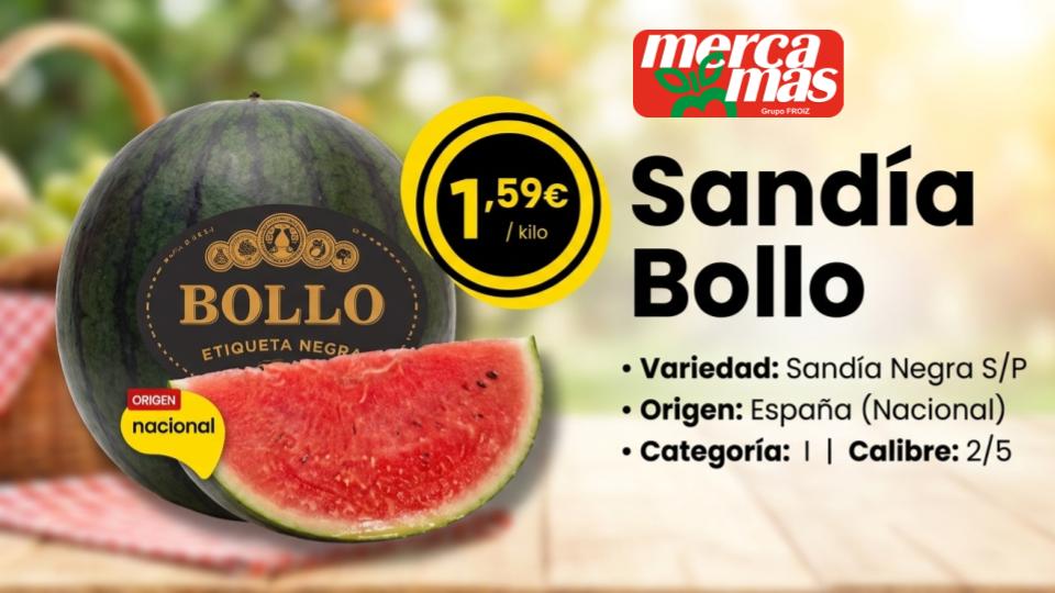 Sandía Bollo Etiqueta Negra de origen nacional en oferta en Mercamás Casal a 1,59 €/kg.