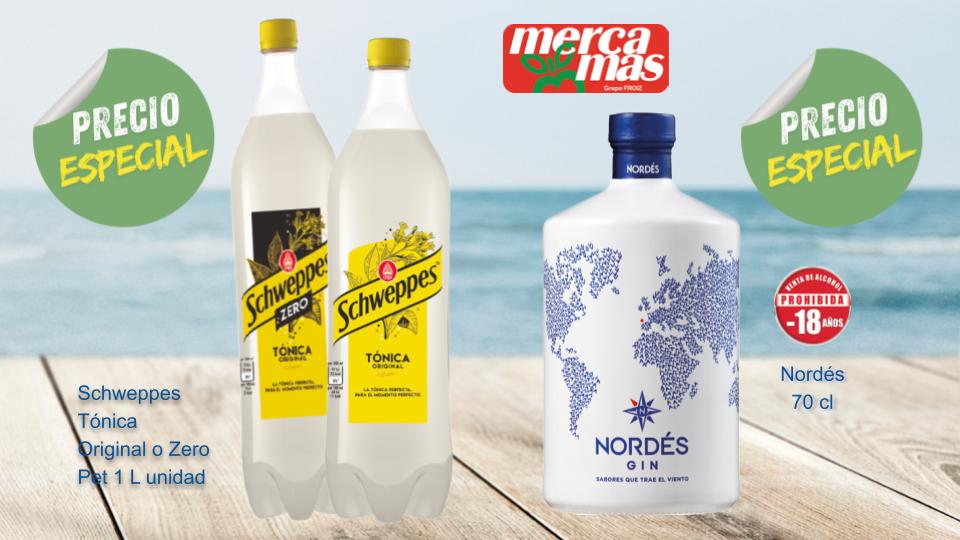 Schweppes Tónica Original o Zero de 1 litro y ginebra Nordés de 70 cl.