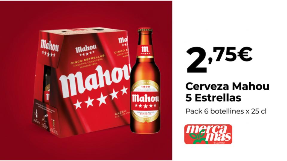 Cerveza Mahou 5 Estrellas pack de 6 botellines de 25 cl en oferta en Mercamas Casal