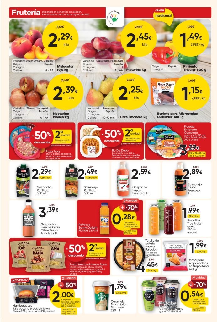 Ofertas de frutería con melocotón, platerina, nectarina, pera y productos frescos
