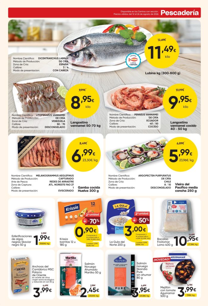 Ofertas de pescadería con lubina, langostinos, gambas, vieiras y salmón