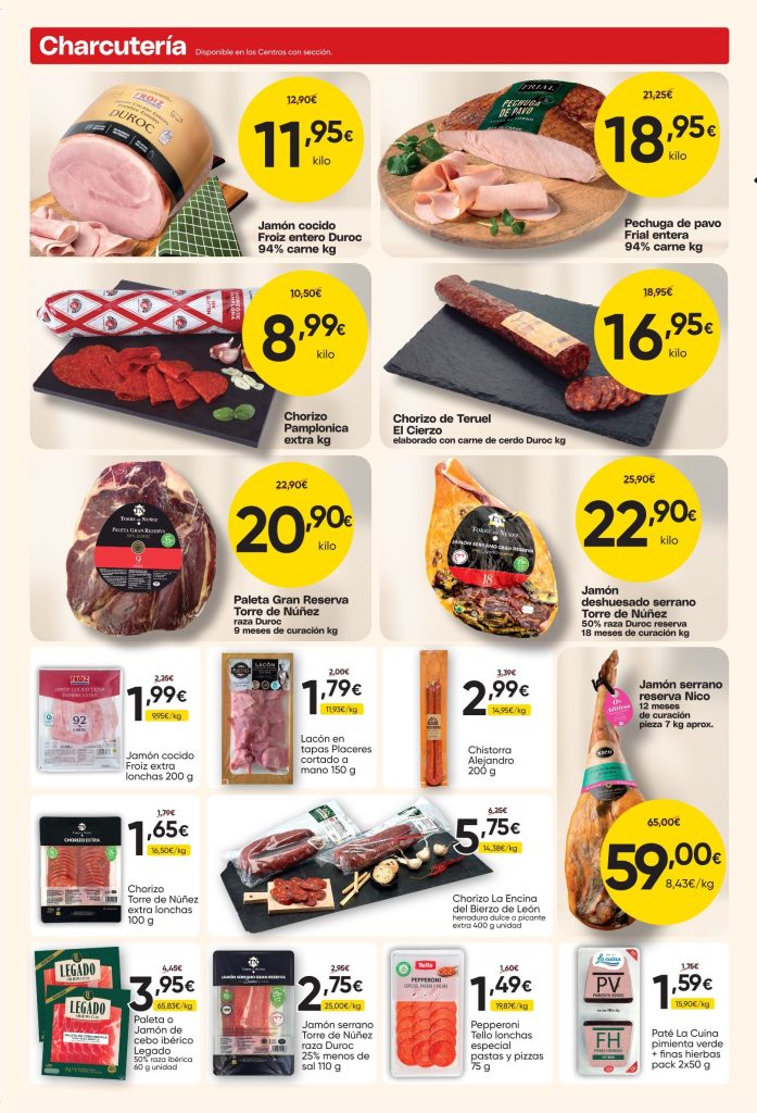 Ofertas de charcutería con jamón cocido, pavo, chorizo, paleta y jamón serrano